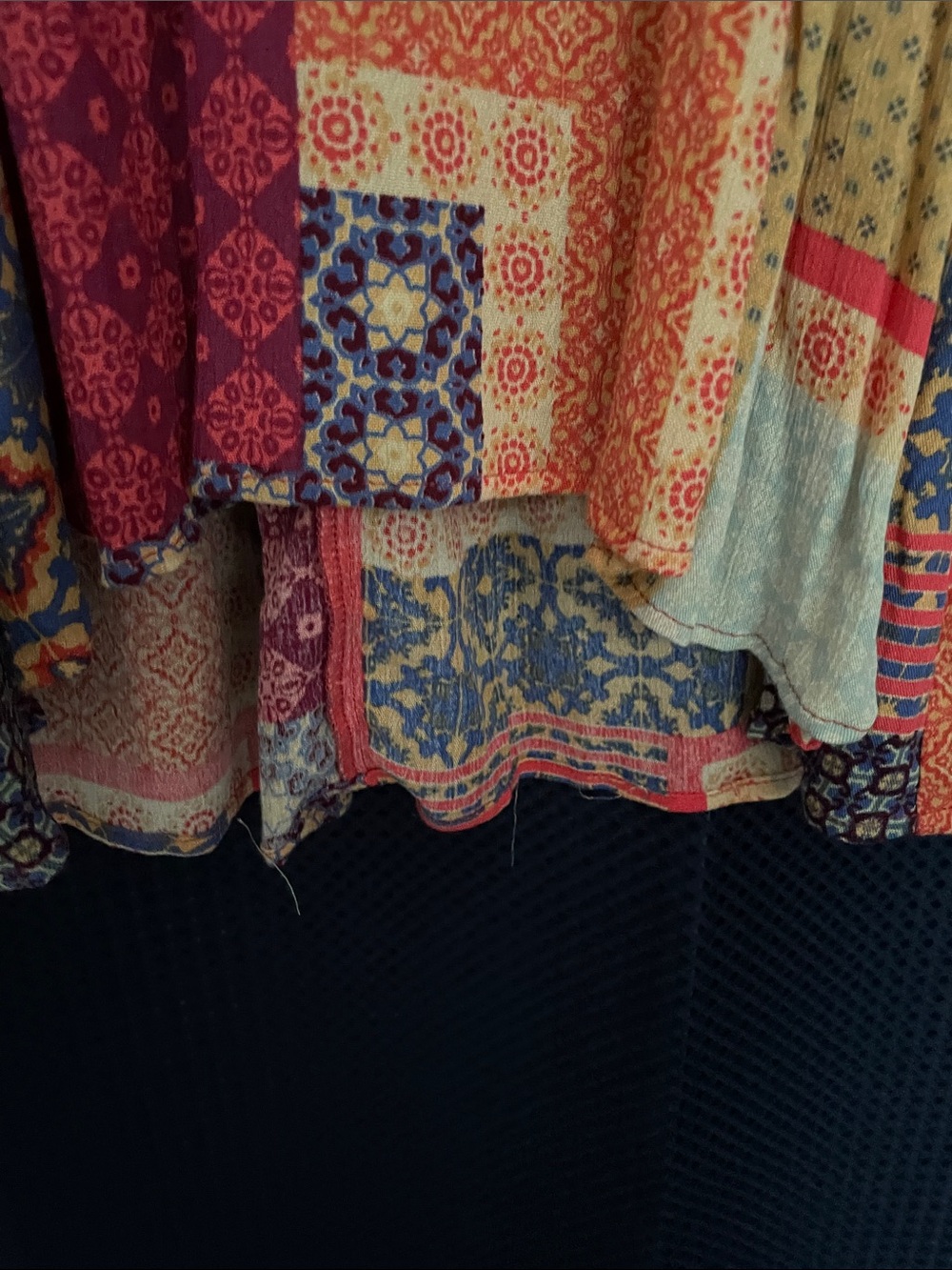 Patchwork Print Long-Sleeve V-Neck Dress in Red & Blue - Picture 9 of 15
